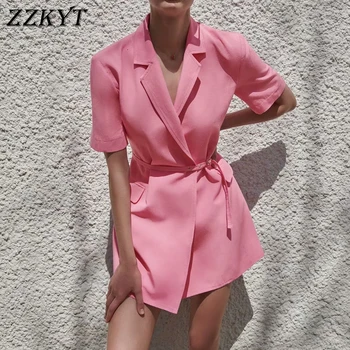 ZZKYT 2021 Naiste Suvel Vintage Tahke Taskud Mini Kleit Mood Rinnamikrofon Krae, Lühike Varrukas Office Lady Kleidid Vestidos Mujer