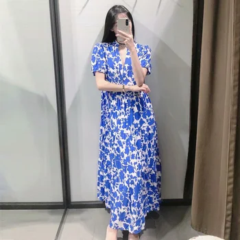 Za 2021 Suvine Pikk Kleit Naiste Blue Print Ruched Kleit Naine Lühikesed Varrukad Elegantne Casual Kleidid Daamid Vintage Midi Kleit