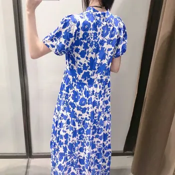 Za 2021 Suvine Pikk Kleit Naiste Blue Print Ruched Kleit Naine Lühikesed Varrukad Elegantne Casual Kleidid Daamid Vintage Midi Kleit