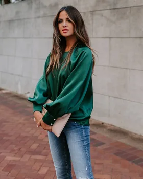 Roheline satiin naiste pluusid ja topid laterna pikad varrukad vintage pluus särgid sügis-talv elegantne office tops pluss suurus 2020