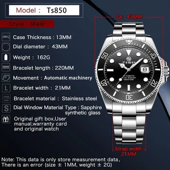 2021 TESEN Disain Uus Meeste Automaatsed Mehaanilised Kellad 43mm Sapphire Roostevabast Terasest Veekindel Vaata Reloj Hombre