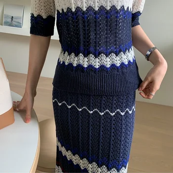 Stiilne Triibuline Kleit Komplektid Naine Kudumise Tops + Seelikud Tume Sinine Suvi korea Stiilis Elegantne Äri Koo 2 Töö Seab Naine
