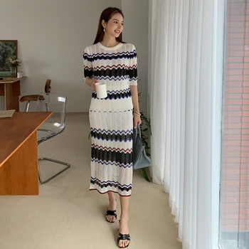 Stiilne Triibuline Kleit Komplektid Naine Kudumise Tops + Seelikud Tume Sinine Suvi korea Stiilis Elegantne Äri Koo 2 Töö Seab Naine