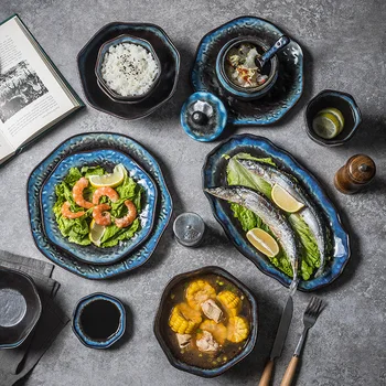 Ebaregulaarne Õhtusöök Plaadid Loominguline Väljamõeldud Glasuur Dinnerware Must Sinine Pleisse Keraamiline Plaat Leibkonna Nõud Platos De Cena