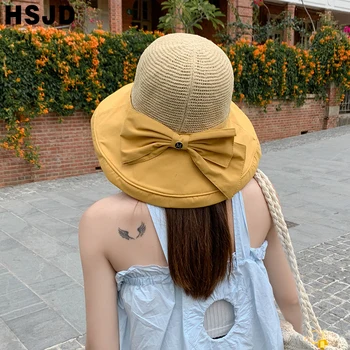 Suvel Päike Mütsid Naistele Bowknot Õõnes Läbi Floppy Mütsid Suur Nokk Kokkupandav Anti-UV Beach Müts Naine Panama Kopp Müts Müts
