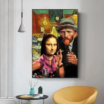 Naljakas Kunst Mona Lisa ja Van Gogh Suitsetamine Lõuendile Maali Plakatid ja Pildid Seina Kunst elutuba Home Decor (raamita)