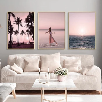 Mereäärne Päikeseloojang Palmi Puud Naine Retro Gaasi Auto Roosa Maastik Plakatid Ja Pildid Seina Art Lõuend Maali Pilte Home Decor
