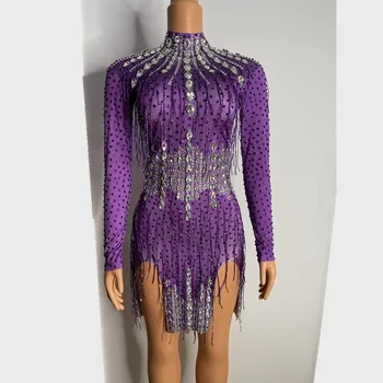 Sädelevat Lilla Hõbe Rhinestone Spandex Lühike Kleit Õhtul Sünnipäeva Tähistada Kostüüm Naistele Tantsija Kõnniteed Näita Kleit