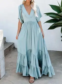 Mood Värviga Kleit Pluss Suurus Naiste Sexy Sügav V-Kaelus, Varrukad Elegantne Pleisse Ja Õõtsuv Bohemian Pikk Kleit 2021 Uus