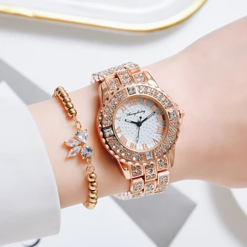 Luksus Vaadata Naiste Teemant Rooma Numbrites Dial Daamid Vaadata Rose Gold Kvarts Randme Käevõru Watch Set Naiste Kell Montre Femme