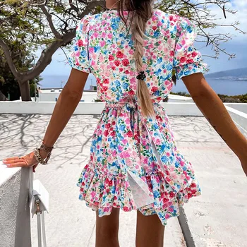 Suvel Kuhjuvate Ruffle Flower Print Kleit Naiste Bohemian V Kaela Õie Sundress Lady Line Kleit Puhkus Pool Vestidos 2021