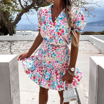 Suvel Kuhjuvate Ruffle Flower Print Kleit Naiste Bohemian V Kaela Õie Sundress Lady Line Kleit Puhkus Pool Vestidos 2021