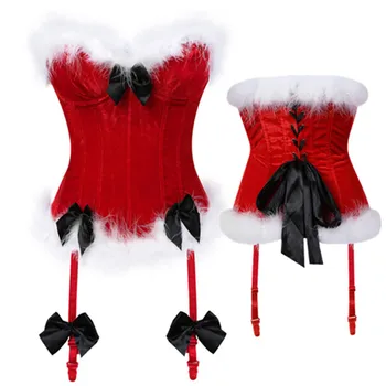 Punane Keha Shapewear Pool Kostüümid Velvet Corselet Kullake Kuju Jõulud Karusnaha Sisekujundus Korsett Bustier G String
