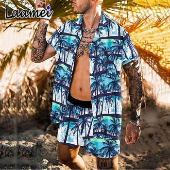 Laamei Mehed Havai Komplekti Trükkimine 2021 Suvel Lühikesed Varrukad Nuppu Särk Beach Lühikesed Püksid Streetwear Casual Meeste Ülikond, 2 Tk Komplekt