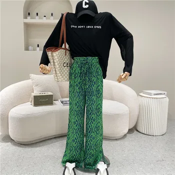 Uus Naiste Rõivad Suvel 2021 Mood Retro mustriga roheline split lahvatas püksid Kõrge vöökoht tilk lai jalg põranda pikkus püksid