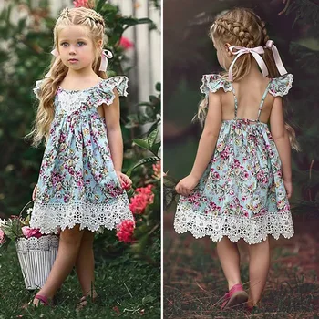 Suvine Kleit 2021 Lapsed Prindi Õie Suspender Moe Printsess Kleit ilma Varrukateta ja Backless Lace up Väikelapse Tüdruk Vabaaja Riided