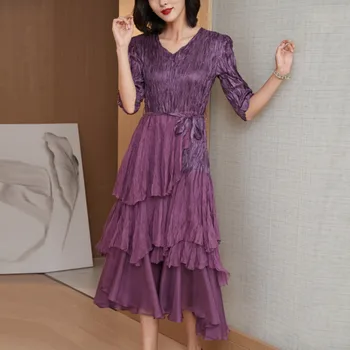 LANMREM Plisseeritud Segast Kleit Naistele 2021 Sügis Suve Multi Layer Silma Kleidid Koos Vööga Naine Elegantne 2D1465