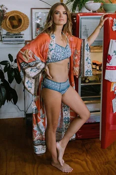 2021 Naiste Liiga Beach Varjata Kimono Vintage Õie Printida Puhkus Bikiinid Väljasõit Boho Lahti Pikk Kampsun, Oranž Mantel, Tuunika