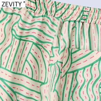 Zevity Naiste Vintage Geomeetriline Prindi Põletatud Püksid Pantalones Mujer Naiste Stiilne Elastne Vöökoht Lace Up Vabaaja Pikad Püksid P1166