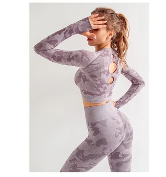 Plahvatus õmblusteta kamuflaaž ülikond naiste kõrge elastsus Slim fitness jooga sport kaks rõivakomplekti