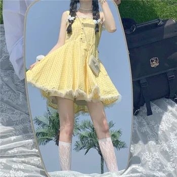 Suvel Kawaii Lolita Rihm Kleit Naiste Segast Pits Jaapani Magus Armas Mini Kleidid, Kollane Ruuduline Muinasjutt Casual Kleit 2021