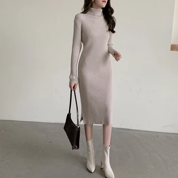 REALEFT Minimalistlik Kudumise kõrge kaelusega Naiste Kampsun Mantel Kleidid Uus 2020. aasta Sügis-Talvel Pikad Varrukad Midi Bodycon Kleit