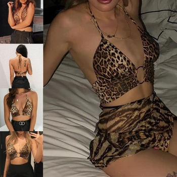 Naiste Sexy Sügav V Kaela Päitsed Camisole Vintage Leopard Printida Ruched O-Rõngas Crop Top Sõlme Lipsu Backless Vabaaja Bralette