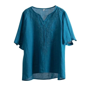 Vintage Tikandid lühikesed varrukad tee Naiste Mood ðikk V-kaeluse jaoks suur suurus lotendav T-särk daamid 2021 uus sinine suvi Ema Vabaaja tops