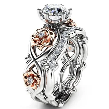 Vintage Mood Silver Rose Gold Kaks Värvi Ring Naiste Pulmad Engagement Roosi Õied Tsirkoon Kivi Ring Crystal Komplekt ehted