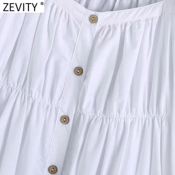 Zevity Naiste Vintage Square Krae Ühe Karavan Pleats Poplin Mini Kleit Naine Stiilne, Puhvis Varrukad Valge Kimono Vestidos DS8198