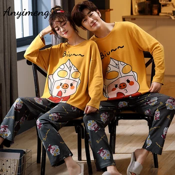 Paar Pidžaama Uus Mood Meeste Naiste Siserõivad Puuvill Sleepwear Kevad Sügis Pikad Varrukad Cartoon Trükkimine Paar Nightwear