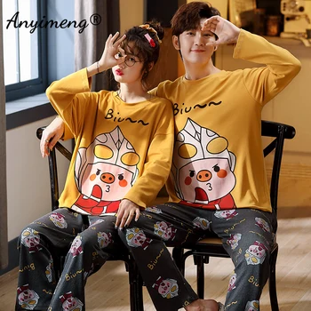 Paar Pidžaama Uus Mood Meeste Naiste Siserõivad Puuvill Sleepwear Kevad Sügis Pikad Varrukad Cartoon Trükkimine Paar Nightwear