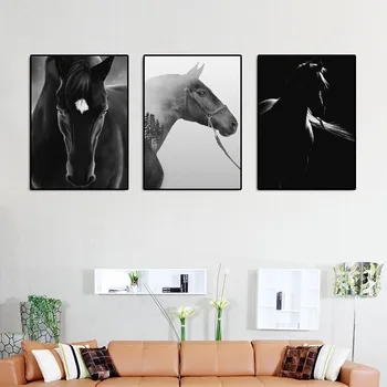 Põhjamaade Kaasaegse Stiili Must Ja Valge Hobune Lõuendile Maali Loomade Plakatid Ja Pildid Seina Art Pilte Elutuba Decor