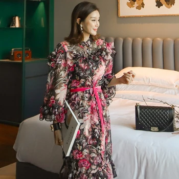 2021summer trükkimine kleit Sifonki ruffle pikk kleit bowknot uus korea fashion slim, seksikas stiil büroo poole naiste kleidid