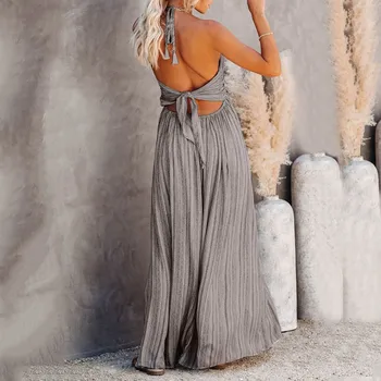 2021 Uus Mood Minimalistliku stiili Pikk Kleit Taskud Naiste Sexy Riba Trükitud Päitsed Kleit ilma Varrukateta ja V-Kaelus Beach Maxi Kleit