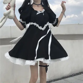Y2K Kawaii Lühikesed Varrukad Must Kleit Lolita Riided Cosplay Neiu Armas Tüdruk Retro Jaapani Preppy Sidemega Kleidid Gooti Harajuku