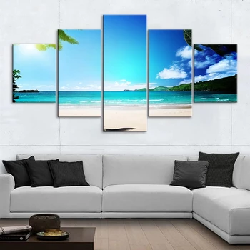Wall Art Kodu Kaunistamiseks Päikesevalguse Lõuend Print Beach Maali Modulaarne Pildi Vaade Merele Plakatid Kookospähkli Puu Kaasaegne Elutuba
