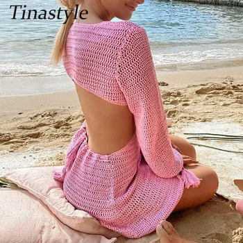 Tinastyle 2021 Koo Triibuga, Pikk Varrukas Kleit Beach Backless Suvel Õõnes Välja Naiste V-Kaeluse Seksikas Pidu Mini Kleidid Vabaaja Valge