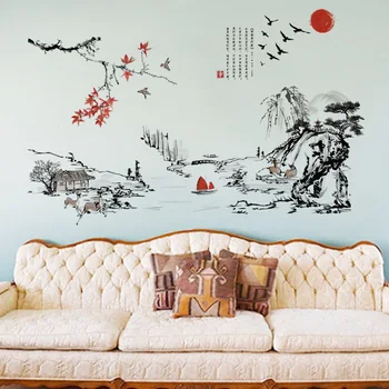 Tint Maali Maastik Art Seina Kleebised Hiina Stiilis elutuba, Magamistuba Taust Kodu Kaunistamiseks Seinamaaling Kleebised Tapeet