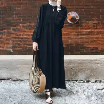 Retro Moslemi Naiste Kleit Pikk Puhvis Varrukad Abaya Türgi Hijab Kleit ZANZEA Vabaaja Tahke Islami Riided Dubai Sundress Rüü