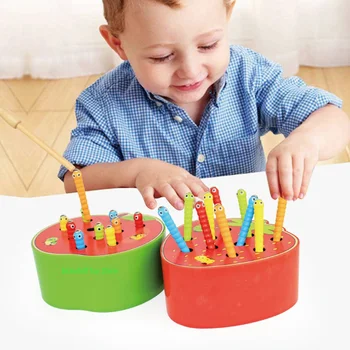 Laps Montessori Puidust Mänguasjad Magnet Saagi Worms 3D Puzzle Haridus Mäng Kalapüük Värv Matemaatika Laste Mänguasjad 1 2 3 Aastat Vana