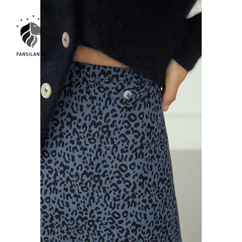 FANSILANEN Leopard printida elegantne sinine midi seelik, Naiste sügis-talv kõrge vöökoht-line seelik Naine office lady vintage seelik