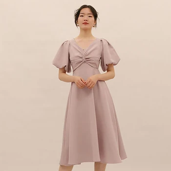 Elegantne V-kaeluse väände (kink Midi Kleit korea Stiilis Slim Avokaado Roheline Lilla Kleidid Naistele Partei Uus Mood Kleidid Naistele 2021