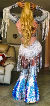Hõbe Kivid Glitter Litrid Tutt Varruka Bodysuit Naiste Stretch Erisoodustuse Tantsu Kostüüm Klubi Baar Laulja Leotard Etapp Kanda