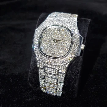 Hip-Hop MISSFOX Mens Kellad Brändi Luksus Iced Out Vaata Silver Baguette Diamond Watch Meeste Kvarts Veekindel Tõusulaine Käekell