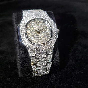 Hip-Hop MISSFOX Mens Kellad Brändi Luksus Iced Out Vaata Silver Baguette Diamond Watch Meeste Kvarts Veekindel Tõusulaine Käekell