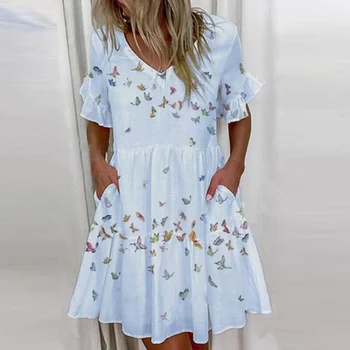 Suvel Ruffles Lilleline Naiste Mini Kleidid Kirja Print V-Kaeluse Liblikas Varruka Naiste Kleit 2021 Daamid Vabaaja Lühikesed Vestidos