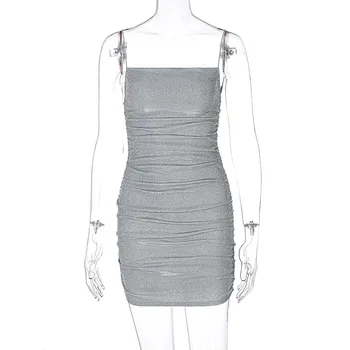 Articat Glitter Ruched Spagetid Rihm Mini Kleidid Naiste Sexy Suvel Backless Bodycon Kleit 2021 Elegantsed Daamid Klubi Vestidos