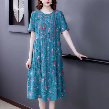 2021 Vabaaja Blue Print Mulberry Silk Beach Midi Kleit Suvel Vintage M - 4XL Pluss Suurus Sifonki Kleit Elegantne Naiste Vestidos
