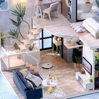 DIY Mini Nukk Maja Kit 3D Puidust Kahekorruseline Loft Käsitsi Kokkupanek Mänguasi DIY Salongi Käsitsi kokku pandud Hoone Mudel Mänguasjad